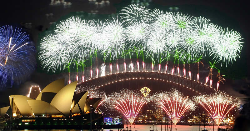 Harbour Bridge and Sydney Opera House in lights of New Year's Eve festive fireworks - Australia