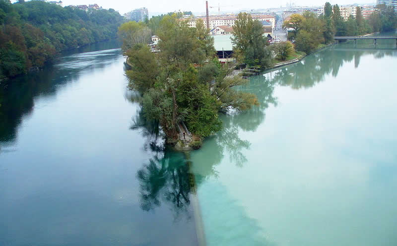 The Rhone River meets The Arve River in Geneva, Switzerland