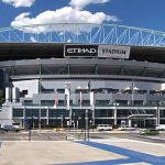 Formerly Docklands Stadium, currently known as Etihad Stadium, Melbourne, Australia. As seen from the Docklands waterfront.