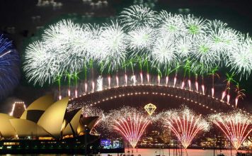 Harbour Bridge and Sydney Opera House in lights of New Year's Eve festive fireworks - Australia